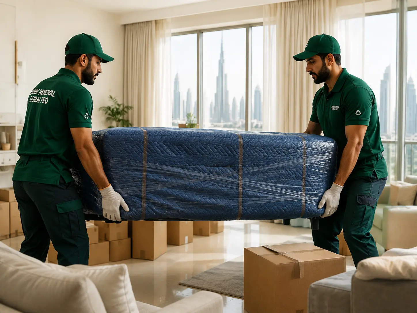 Dubai Movers Carrying Wrapped Sofa